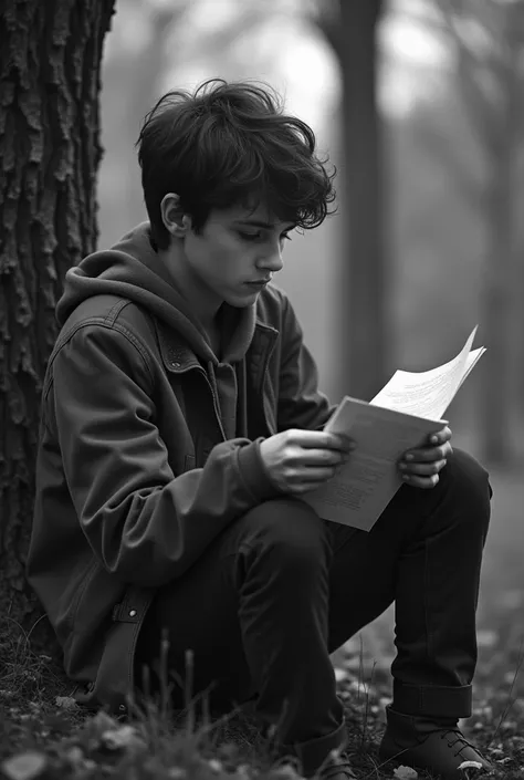 Couverture de livre réaliste, un garçon de 20 ans, avec des cheveux châtains et des yeux noisette, qui se tient dans un environnement sombre et poignant et tenant dans sa main une lettre en la regardant dun air triste, assis dans un parc. À côté de lui un ...