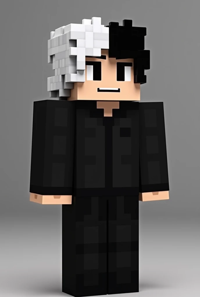 The Minecraft character wears a black shirt and his hair is white and half black and wears a black pajamas 