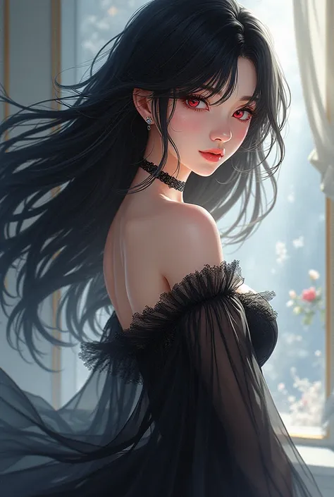 A beautiful anime girl with black hair and red eyes wearing a dress.