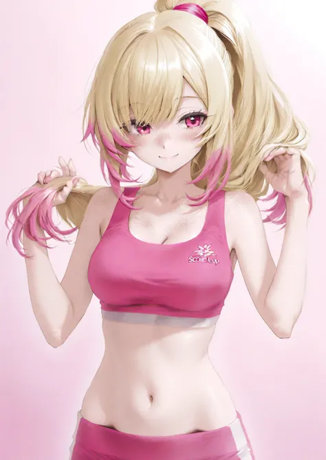 A cute half-elf lady with ,She has hair tied in a loose ponytail long bright blonde hair and pink tips, pink eyes. She has freckles,pink Workout outfit,cute smile at gym