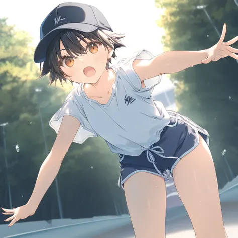 1girl, loli, tomboy, sweat, shorts,beautiful detailed eyes,open mouth,baseball_cap, outdoors, wind,  game CG, break,(artist:mitsumi_misato),artist:fujiyama,artist:kokonoka, break,(masterpiece), (best quality), (ultra-detailed),(Detailed Lighting), very aes...