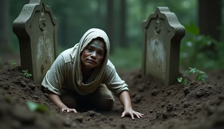 picture of a  Indonesian boy. body wears dirty white shroud,  comes out of the grave , a body full of earth , crawling hands, body buried half body, limp face look, next to it is a tombstone , face full of dirty stains 