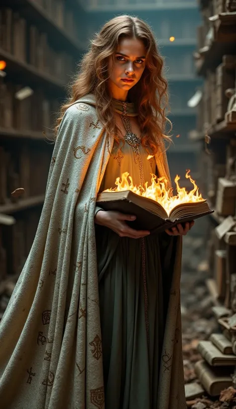 Hermione Granger, dressed in a flowing cloak of shimmering silver threads, inscribed with ancient, glowing symbols. Her eyes are fierce as she wields a spellbook with pages that flicker like flames. She stands amidst a library of crumbling, floating tomes,...