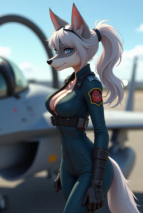 1 adult anthro wolf female 1.9), cowboy shot, from side, (standing confidently on an outdoor runway 1.6), (Sitting in the cockpit of an f-16 1.7), (dark gray fur with light gray markings 1.8), (sharp piercing blue eyes 1.7), (long wavy  white hair in a pon...