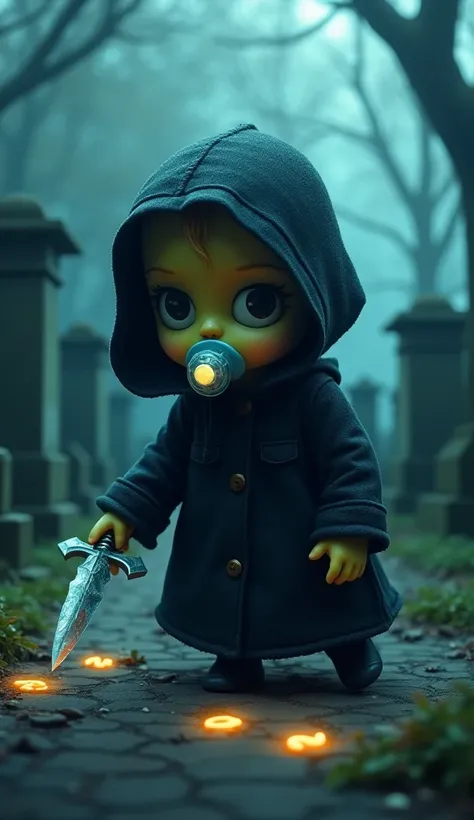 Maggie Simpson, a silent  cloaked in a hooded robe of shimmering obsidian fabric. Her pacifier glows faintly, and in her tiny hand, she wields a spectral dagger with an icy aura. Maggie crawls through a graveyard, her shadow stretching unnaturally long, as...