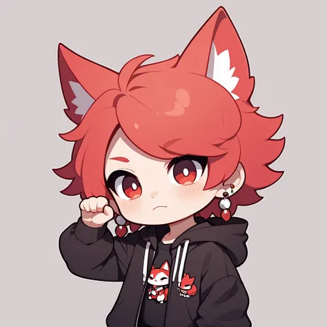 "A young boy with bright red short hair , bright skin, and the soft expression , wearing an oversized black jacket.  Has earrings in his left ear .  The boy pow pose.  The background is plain white ,  gives full focus to the character of the boy ,cute chib...