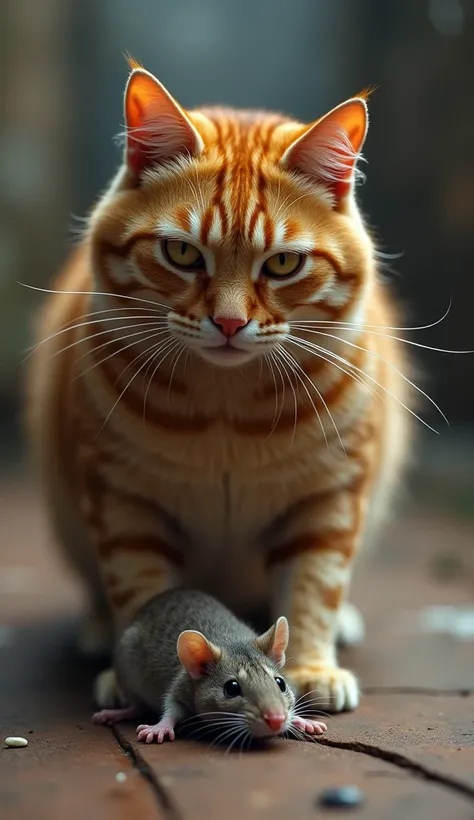 8K photorealistic scene showing a fierce cat triumphantly standing over the body of a defeated mouse, the cat with its sharp claws pinning the mouses head to the ground in a shallow depth of field, full body composition.