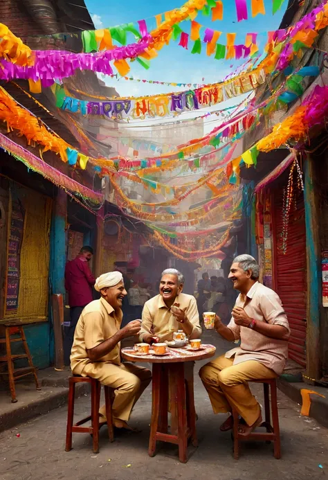 3d cartoon style "A lively Indian street with men sitting on stools near a tea stall. The area is decorated with colorful streamers and a "Happy New Year" sign. The men are laughing and chatting, holding cups of steaming tea."
