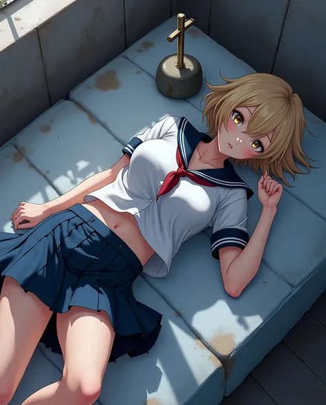 とても beautiful19歳の girl ,   Dressed as a sexy schoolgirl  . huge breasts, collection.  short skirt .   lying on a dirty mattress on the floor .   girl with white paint stains on the floor . blonde teenager girl、(masterpiece:1.1), ( top quality :1.1),  full ...