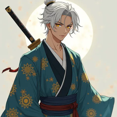 Ninja boy, unmasked , handsome, 26 years old,  white hair, with yellow eyes, with kimono