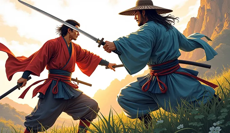 "An epic comic-style illustration of Sasaki Kojiro, a legendary Japanese swordsman, a tense samurai duel is depicted, where Kojiro faces a fierce opponent in traditional Japanese attire, set in a vibrant landscape at sunset. The art combines vibrant colors...