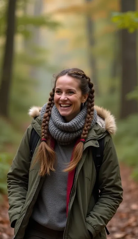 A lively 35-year-old woman with braided hair, walking along a forest trail, dressed in a jacket and scarf.