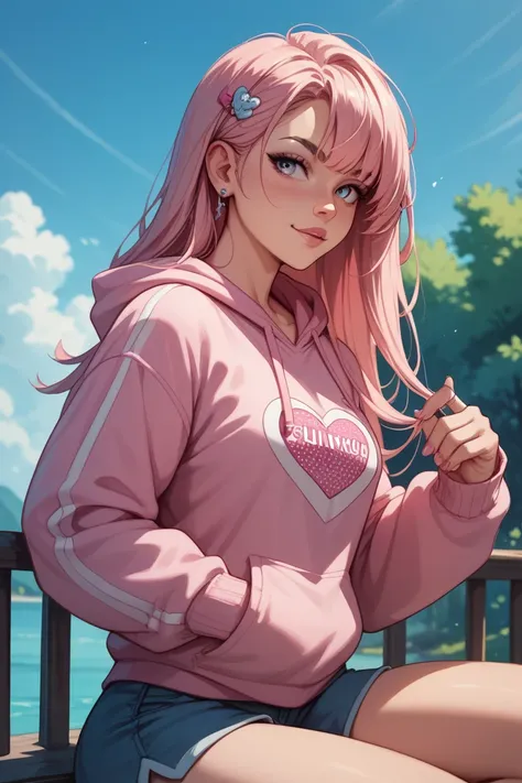 A fair-skinned girl with long hair wearing a pink hoodie