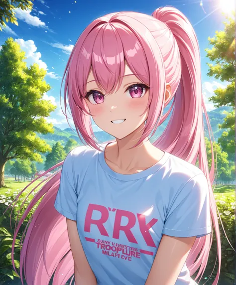 1girl, solo, Pink Shine Bright Hair, hair between eyes, Long hair, ponytail, aesthetic detailed eyes, (Pink shiny Bright Eyes), bright pink eyes, looking at viewer,(pale cheeks), (skin colored cheeks), Mesmerise, Little smile, closed mouth, small breasts, ...