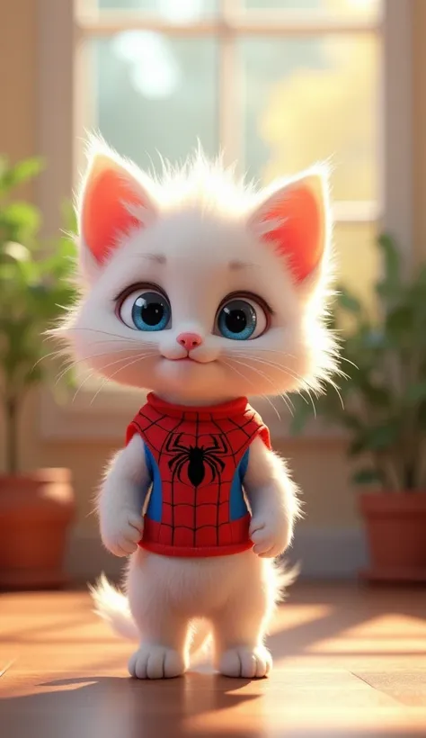 " Another high-quality 3D rendering of an anthropomorphic white fluffy male kitten about  with expressive blue eyes, wearing spiderman costume without mask  . he is standing with an expression like he is chatting .  background is inside a cozy house .  Lig...