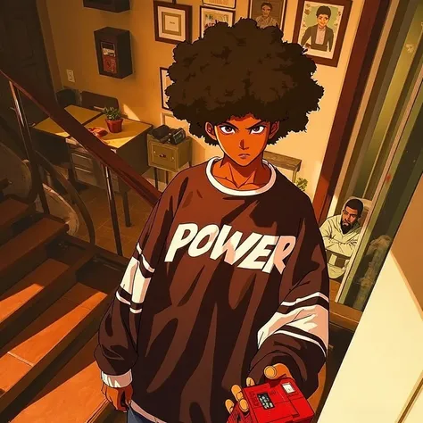 HezRon is a Dark skinned male student in his sophomore year. Hes wearing a oversized black and white sweater with the words "Power" on it, his hair is in an afro style, hes holding up the finger at the camera, anime style, My Hero Academia anime style, his...