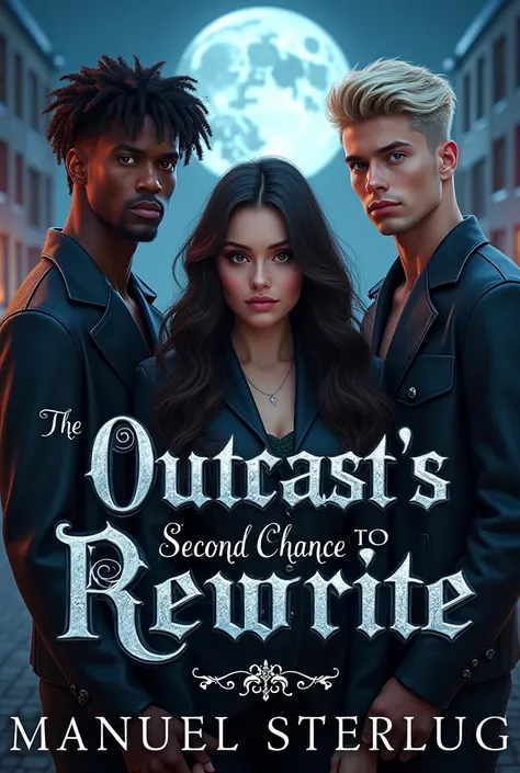 A werewolf high school romance book cover. Two handsome male leads flank a beautiful female lead in a high school courtyard at dusk. One male is dark-skinned with short curly hair, amber glowing eyes, and a muscular build. The other is pale with icy blond ...