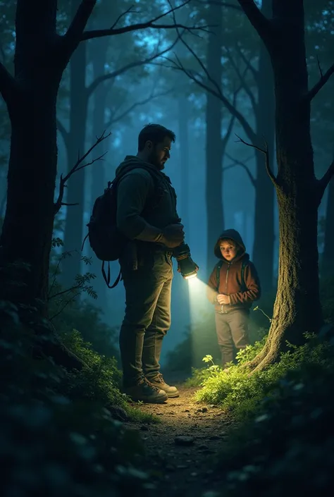 A man at night in the forest with a flashlight ,  and a girl is watching the bushes