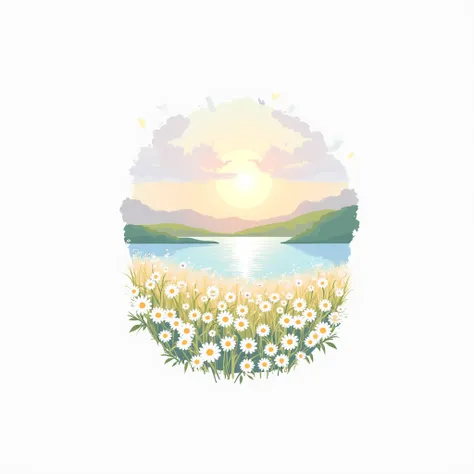 A landscape painting, featuring a field of white daisies at the base of a hillside.  The flowers are various shades of white and pale yellow, interspersed with a few light blue flowers.  The field extends toward a tranquil, light-blue body of water, with a...