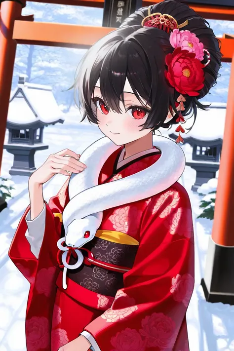 Girl with a white snake around her neck、 red ornate kimono、Peony pattern 、Long-sleeved kimono、 black hair up、 hair ornament、torii、shrine、Snow Scene