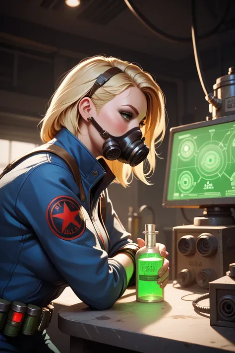  high quality,  8k Ultra HD, radiation,  girl in gas mask,chemical barrels , Half naked,  blonde , fallout