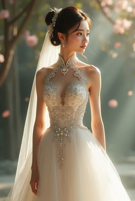 Create a image of a girl wearing a wedding dress of Asia western style of closed neck without sleeves with jeweler 