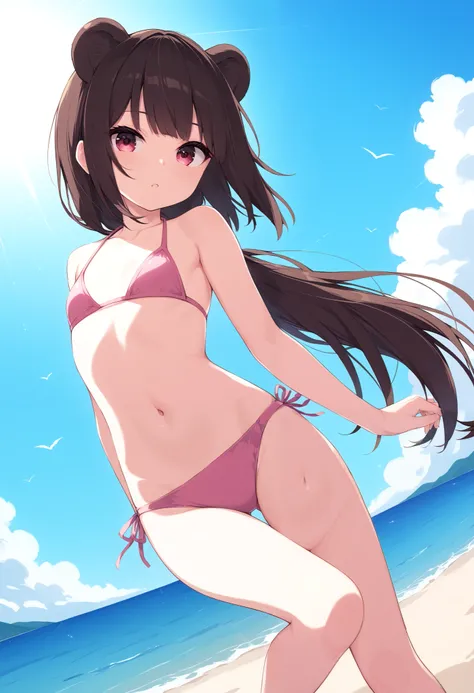  masterpiece, best quality, perfect anatomy, wallpaper, 1 cute small girl, short darck brown hair, straight hair, straight bangs, fringe, low ponytail, bear ears, crimsonn eyes, flat chest, pink bikini, sexy navel, legs, floating in sky, a navel closeup, w...