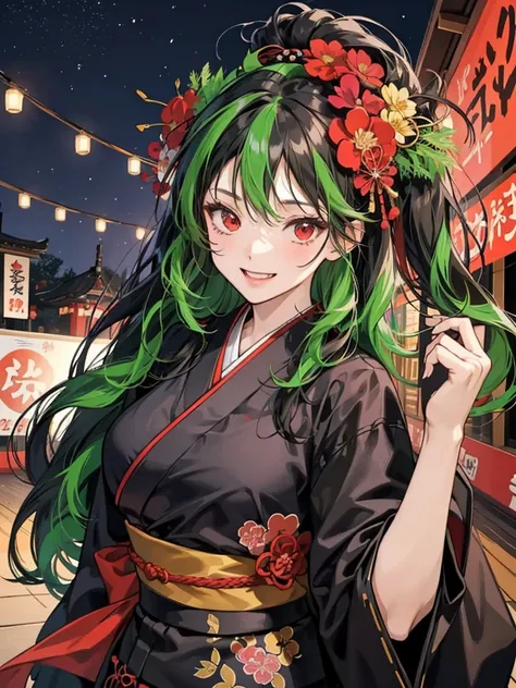 anime girl, red eyes, long black hair, wavy long hair. wear black kimono. Background at a Japanese festival at night. she wears hair flowers ornaments. she  at festival. she dancing. happy. joyful. 