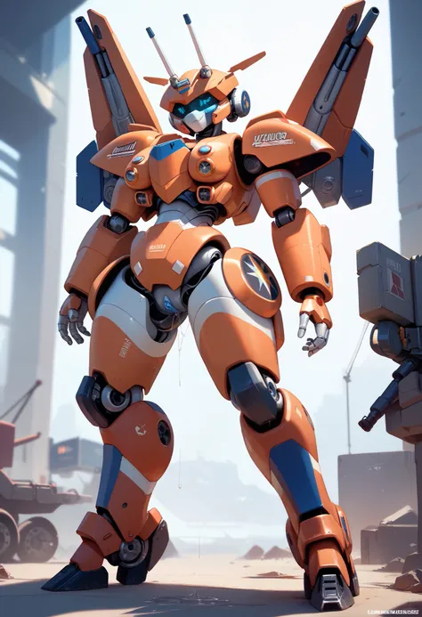  High Quality ,masterpiece, detailed depiction , battle mech ,A robot with ,First, bipedal chariot , bottoms style,Possess a machine gun , and hold up your gun, one robot like heavy equipment ,cool robot,robot with thick hands and legs , pussy, combat mech...