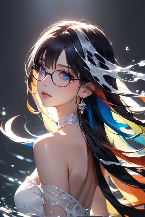 8k wallpaper, masterpiece, movie lighting, best quality, illustration, dramatic angle, ((color: 1.1)), ((color inner hair: 1.4)), 1girl, solo, long hair, water, blue eyes, black glasses, choker, parted lips, white choker, liquid hair, black hair, bangs, fr...