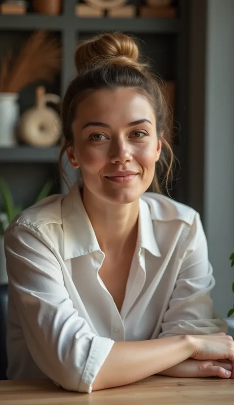 A thoughtful 37-year-old woman with a sleek bun, sitting at a