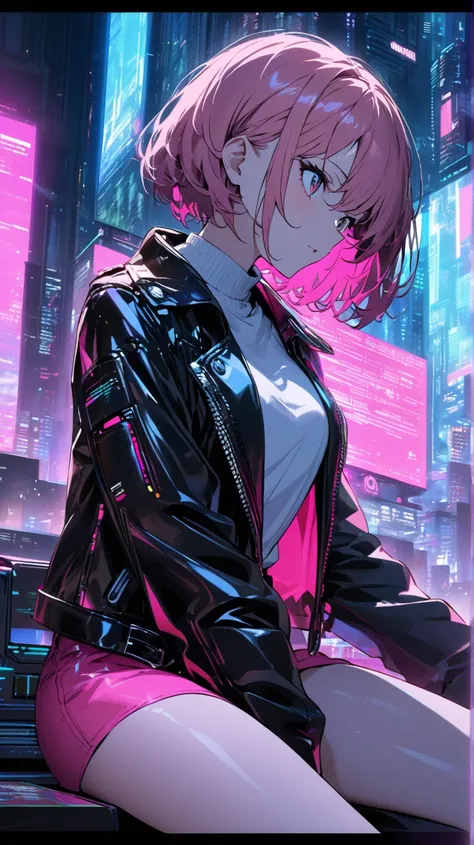  A young woman with neon pink short hair and a futuristic leather jacket, sitting in front of a holographic screen full of codes . Behind him,  cyberpunk cityscape full of tall buildings with neon lights .
