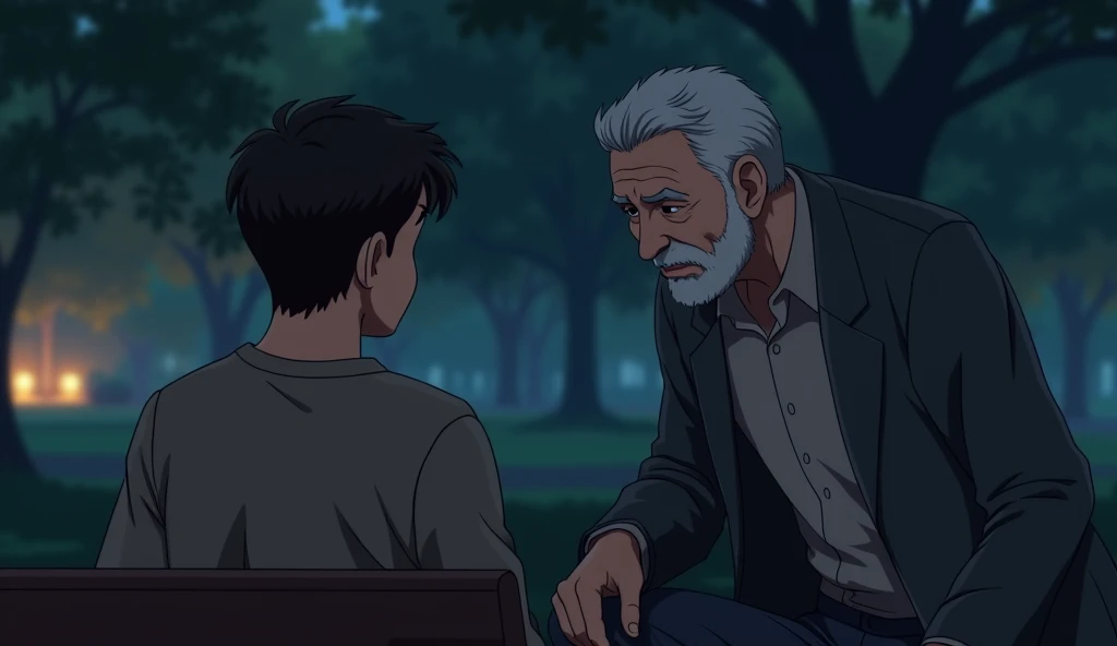 
"An elderly man, around 65-70 years old, with a kind and gentle expression, standing near a park bench at dusk. The young man is seated, looking down, while the elderly man leans slightly forward, speaking to him in a calming tone. The young man’s posture...