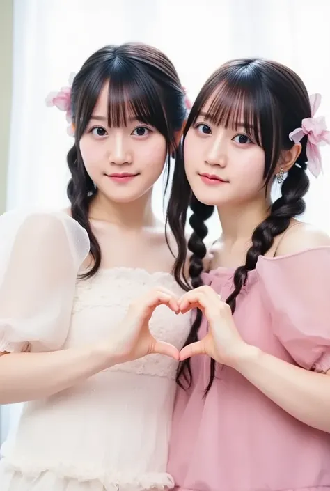 2 Girls,  Gothic Lolita, White background,  cute eyes from the right, Glittering Skin, (masterpiece), ( top quality ),(Pink Wanpisu )( white dress)(( heart shaped hands ))Delicat eyes、Delicate eyes(8k、masterpiece、 top quality 、)