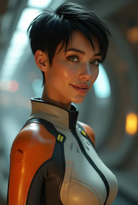 A realistic human woman in her 30s with an excellent physique, wearing a galactic patrol uniform in the colors of silver and orange, green eyes, black hair in a pixie cut hairstyle, Looking happy and sexy at seeing her man, Photorealistic image