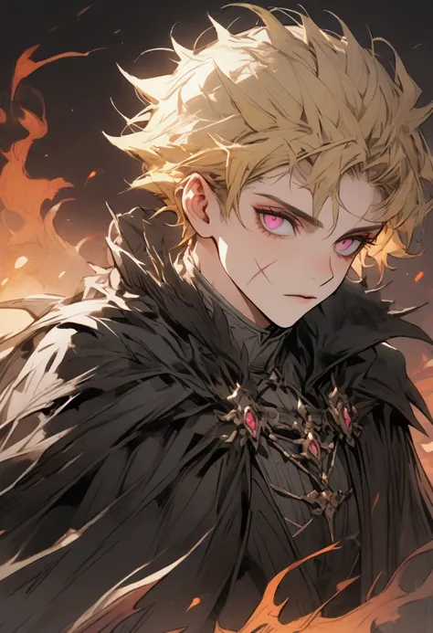 1 man, Black and yellow hair, pink eyes, scar on the face, flames background, short hair, spiky hair, black cape, gray shirt, long sleeve, feather cape