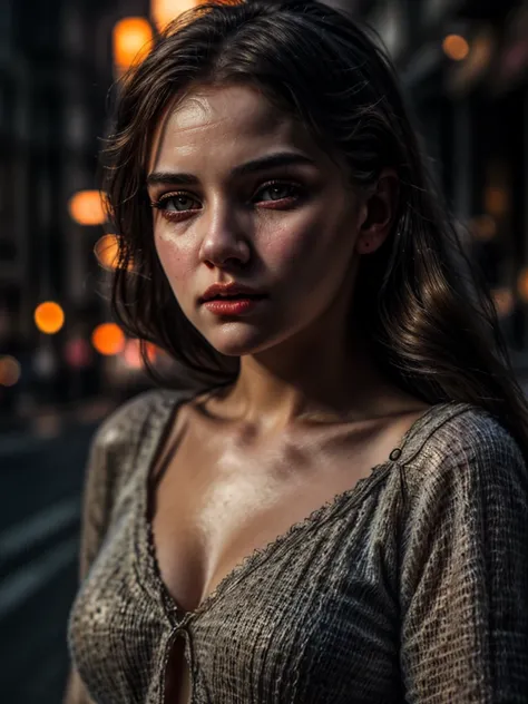 a young woman standing on the street, blur background, beautiful detailed eyes, beautiful detailed lips, extremely detailed face and skin, long eyelashes, photorealistic, hyper realistic, 8k, high resolution, cinematic lighting, warm color tones, masterpie...