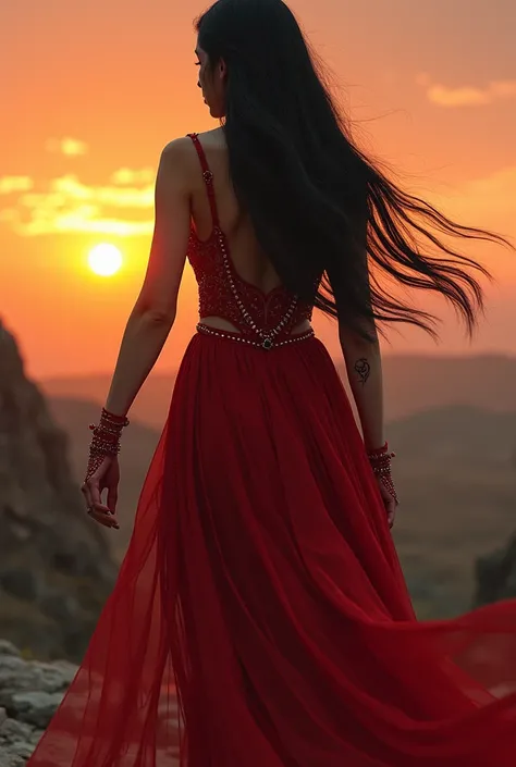 A stunningly realistic (((full body image))) featuring a (((woman with flowing, ebony hair))), and (((short, blood-stained red dress))), poised confidently in a (((Tibetan landscape, ruined fortresses))), under a (((softly detailed, iridescent sunset))). H...