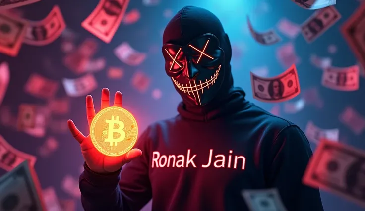 Men wearing full face mask, in his shirt written "Ronak Jain" , He Is Holding Bitcoin In A Hand, Bitcoin Glowing, In Background Money In The Air , Neon Effect Effect , spelling must be correct and first alphabet must been capital