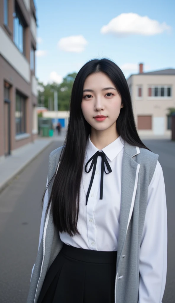 A beautiful woman with long black hair. She is wearing a school uniform consisting of a white shirt with a black ribbon tie, a gray jacket, and a black skirt. The background is a school with buildings on both sides, as well as a blue sky with some clouds.