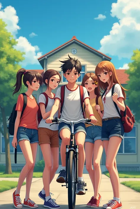 5 friends of front with 1 cycle background school not cartoons
