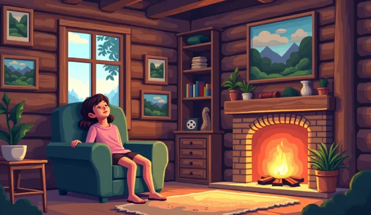 8-bit pixel style。。 In a cozy log house ， There are several paintings depicting natural scenery hanging on the wall { x} A young girl is immersed in complete relaxation。 The interior is decorated in warm colors ，} My eyes stare softly at the view outside t...