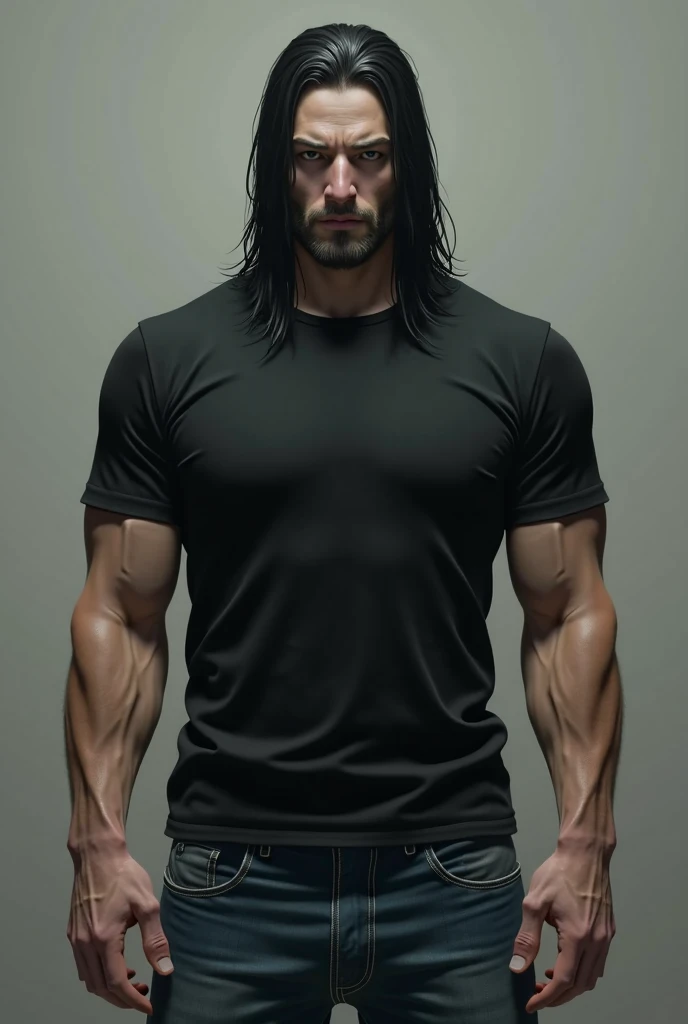 a tall man with white skin, fit body and clean shaved.
with long smooth black hair and menacing facial features including a strong jawline.
wearing a simple black tshirt and bleu jeans 