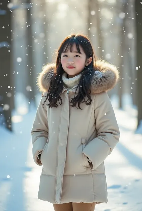 "A Korean girl stands in a snowy forest, wearing a cream coat with a fur-lined hood. Snowflakes fall around her as soft sunlight filters through snow-covered trees, highlighting her flushed cheeks and serene expression."