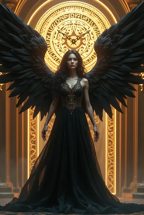 a beautiful black angelic figure with large feathered wings, celtic runes, clocks, intricate mechanical gears, clockwork mechanism, ornate golden frames, ethereal, glowing, dramatic lighting, cinematic, fantasy, digital art, highly detailed, photorealistic...