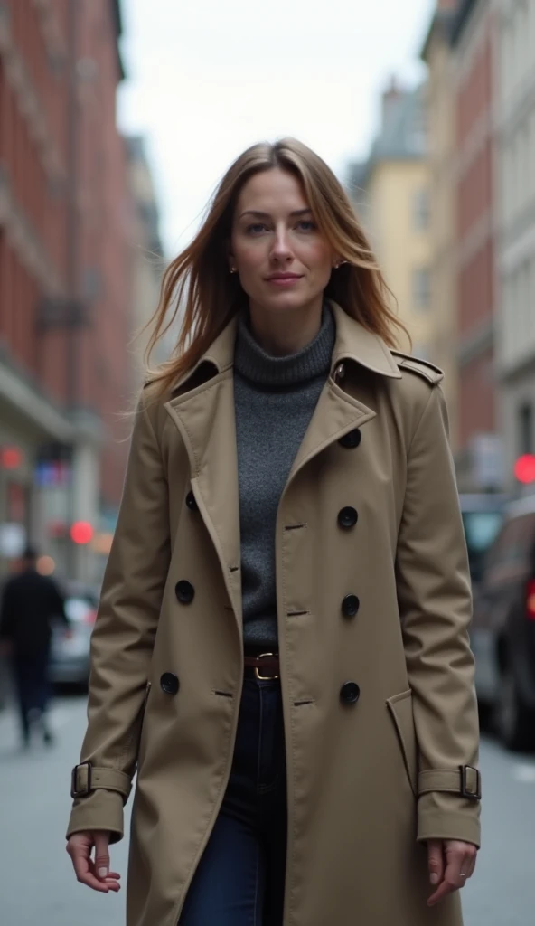 A 36-year-old woman wearing a trench coat, walking on a city street with buildings in the background.