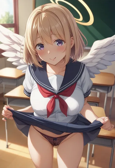 A cute high school girl who grew angel wings when she was masturbating、 sailor suit、 Too Short Miniskirt 、 is a bit embarrassing、Naughty、Big Tits、 flip up miniskirt、 Revealing Panties 、 mature body 、Ripe woman&#39;s body、 thighs、Halo above head、 Flying Aro...