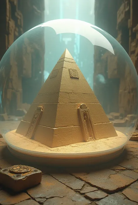 A pyramid is sitting inside a transparent hemisphere 
