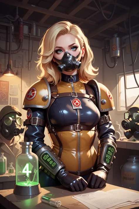  high quality,  8k Ultra HD, radiation,  girl in gas mask,chemical barrels , in leather armor,  blonde , fallout,bdsm