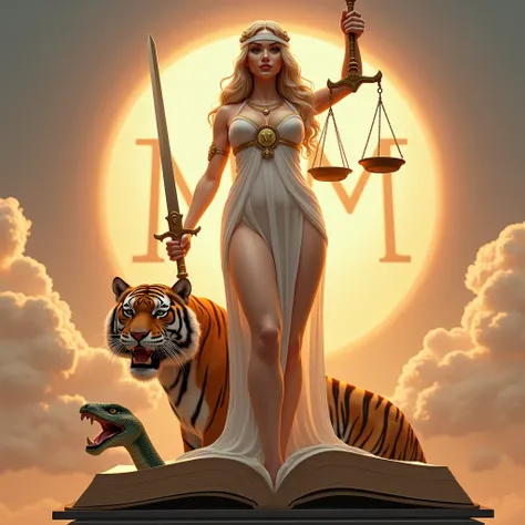  The Goddess Themis of Justice,  with a curvaceous body and showing her wide hips , and more robust legs ,  and with long, wavy gold-colored hair , and wearing a white dress , and with soft and smooth skin , and holding a long sword , and holding with the ...